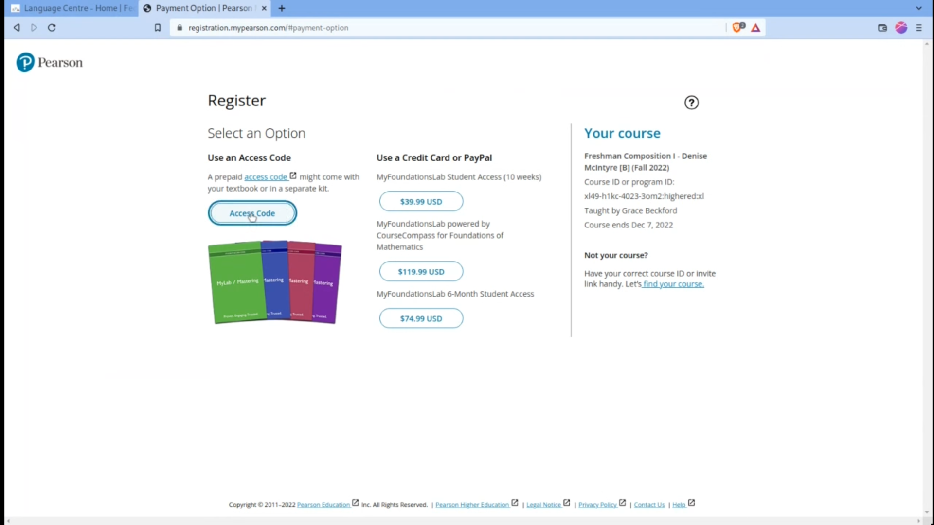 Access Code Option Page